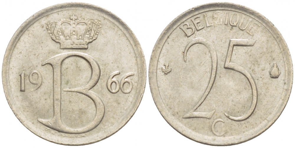 БЕЛЬГИЯ 25 САНТИМОВ 1966 BELGIQUE KM 153.1 медно-никель 4532-463