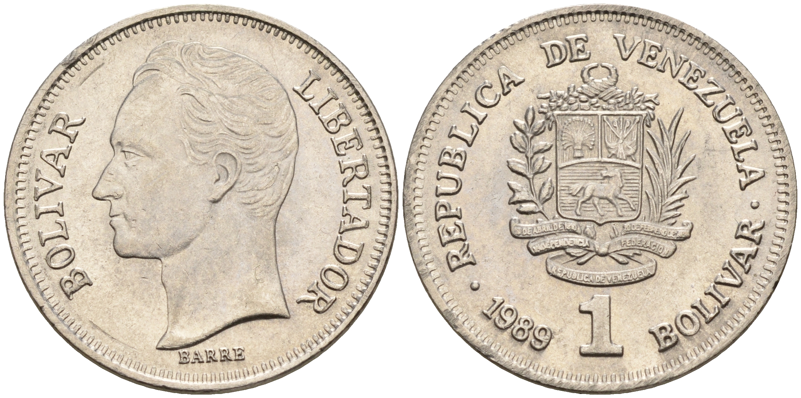 Венесуэла 1 боливар 1989 Симон Боливар КМ 52а.1 сталь плакированная никелем    4603-226