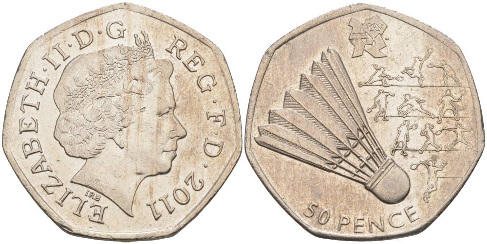 Великобритания 50 пенсов 2011 XXX летние Олимпийские игры в Лондоне, бадминтон KM 1174, Spink LO4 медно-никель 00-00