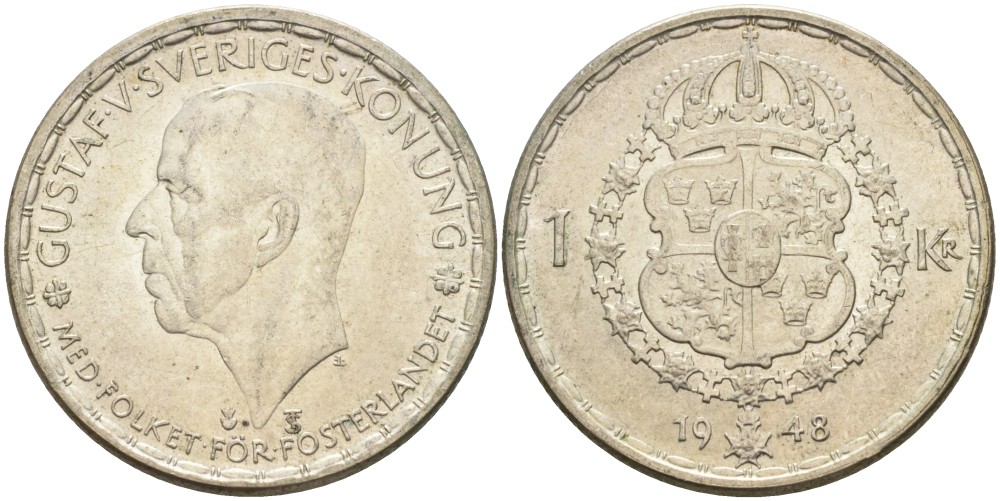 Швеция 1 крона 1948 TS, Густав V (1907-1950) KM 814 серебро 3851-921