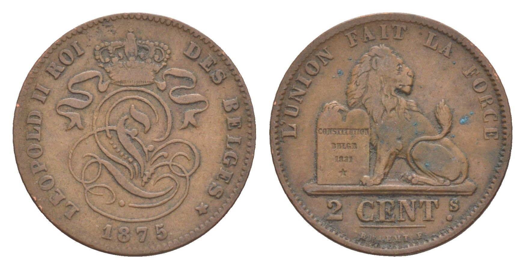 Бельгия 2 сантима 1875 Belges, Леопольд I (1865-1909) KM 35 медь 4615-811