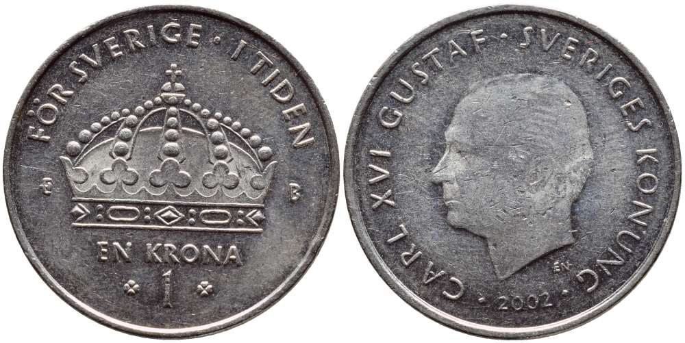 Швеция 1 крона 2002 Карл XVI Густав (1973- ) KM 894 медно-никель 4380-313