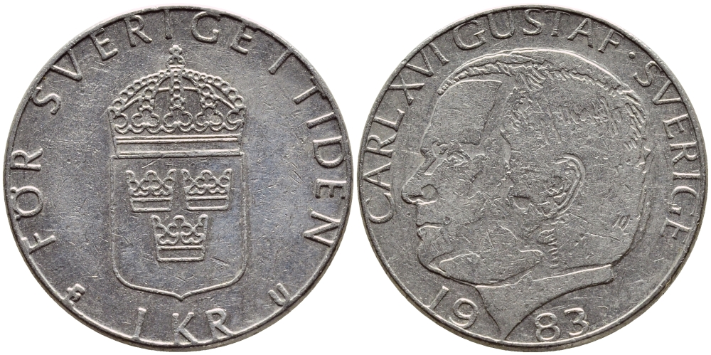 Швеция 1 крона 1983 Карл XVI Густав (1973- ) KM 852a медно-никель 4397-1113