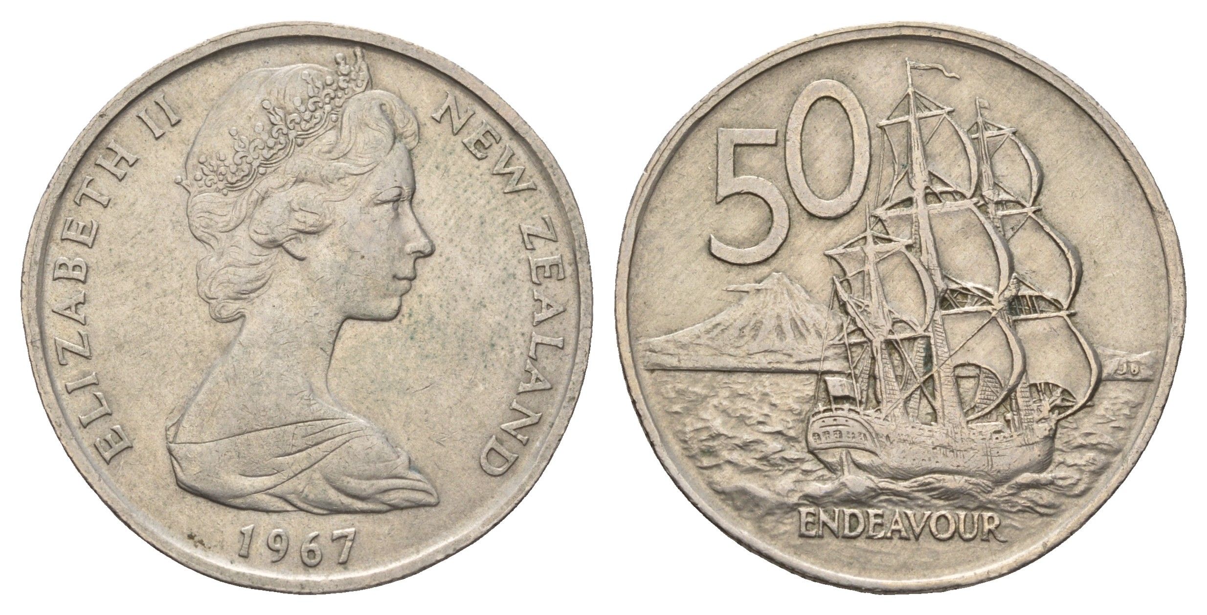 Новая Зеландия 50 центов 1967 Елизавета II (1952-2022), парусник Индевор KM 37.1 медно-никель 4672-316