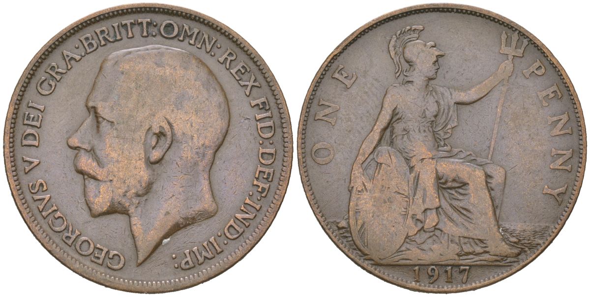 Великобритания 1 пенни 1917 Георг V (1910-1936) KM 810, Spink 4051 бронза 3855-236