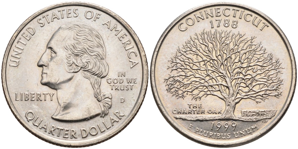 США 25 центов = квотер 1999 D, серия штаты США, Коннектикут KM 297 медь плакированная медно-никелем 4586-121