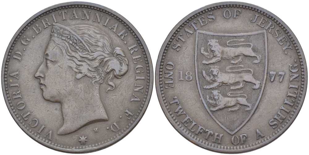Джерси 1/12 шиллинга 1877 H, Виктория (1837-1901) KM 8 бронза 3996-423