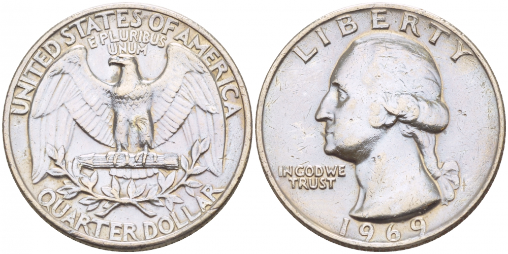 США 25 центов (квотер) 1969 Вашингтон KM 164а медь плакированная медно-никелем 4546-1251