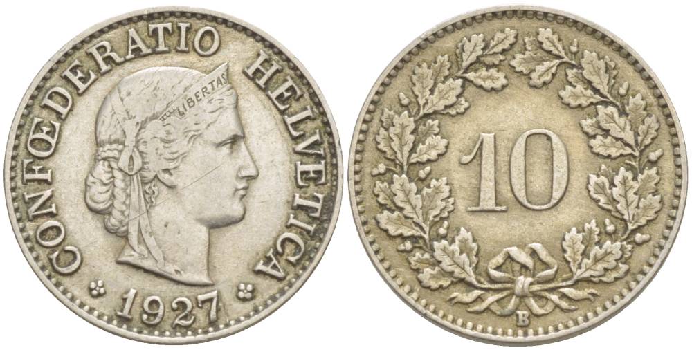 ШВЕЙЦАРИЯ 10 РАППЕНОВ 1927 В KM 27 медно-никель 216-1217