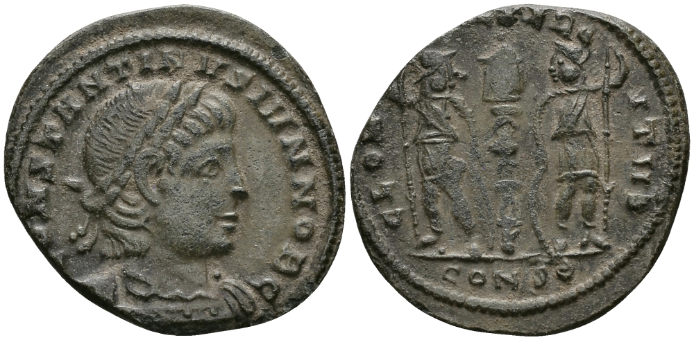 Римская Империя нуммий 336 - 337 Константин II в ранге цезаря GLORIA EXERCITVS Константинополь Good Very fine RIC 138 бронза 1073-9-104