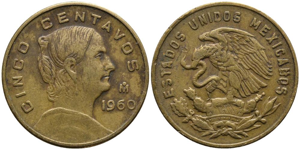 Мексика 5 сентаво 1960 Жозефа Ортис де Домингес KM 426 латунь 4549-333