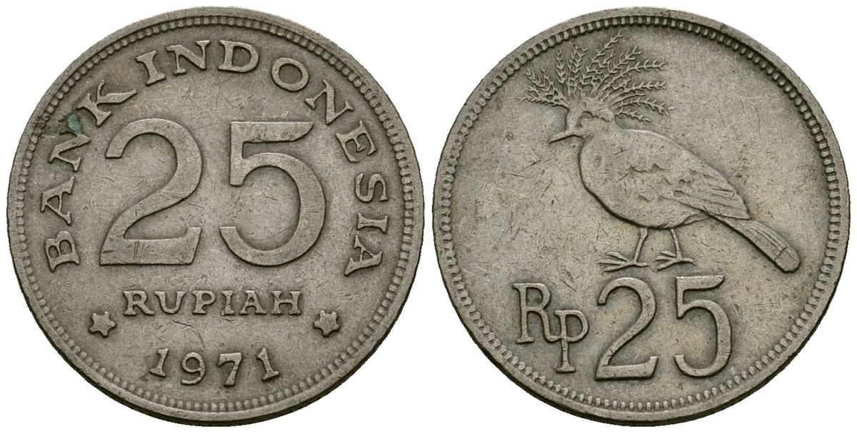 Индонезия 25 рупий 1971 венценосный голубь KM 34 медно-никель 4136-1045