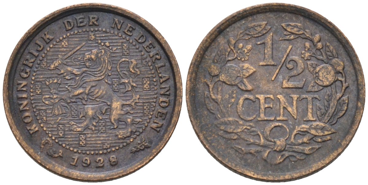 Нидерланды 1/2 цента 1928 Вильгельмина (1890-1948) KM 138 бронза 4576-444