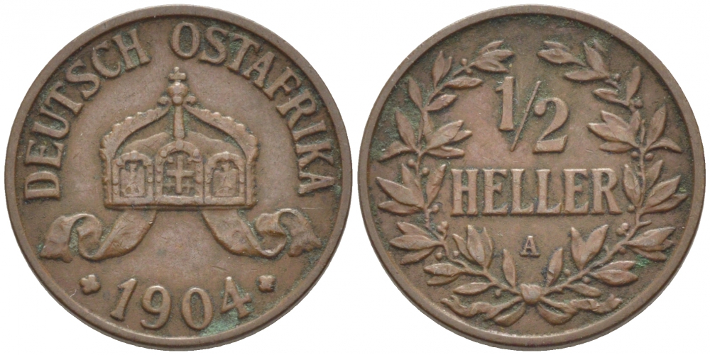 Немецкая Восточная Африка (Танзания) 1/2 геллера 1904 A, Ost-Africa Jaeger 715, KM 6 бронза 5010-632