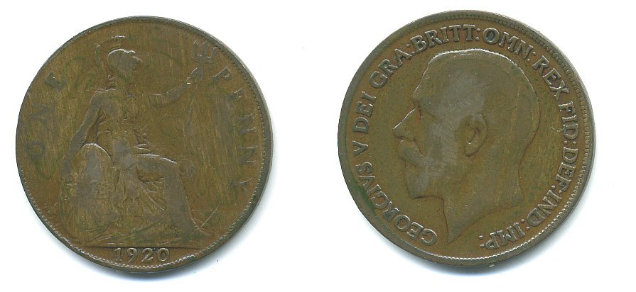 Великобритания 1 пенни 1920 Георг V (1910-1936) KM 810, Spink 4051 бронза 54-2444