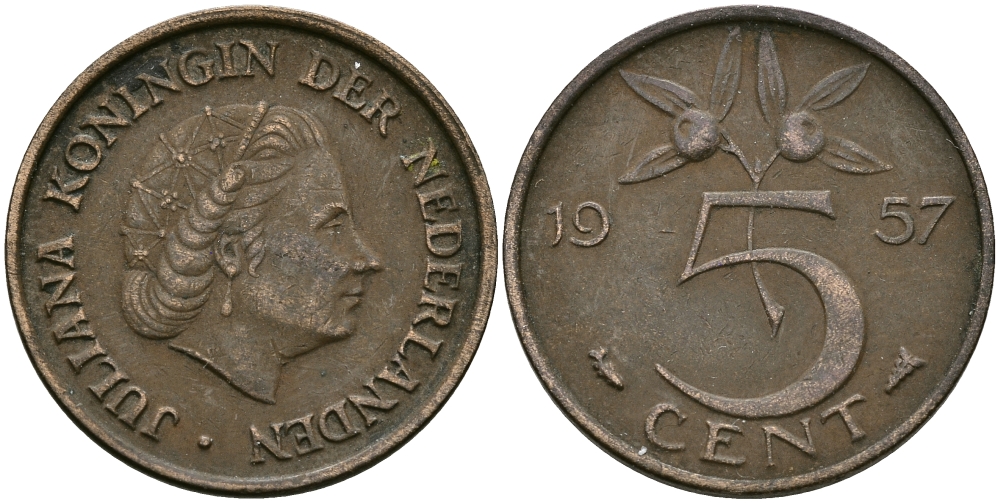 НИДЕРЛАНДЫ 5 ЦЕНТОВ 1957 ЮЛИАНА KM 181 бронза 95-331