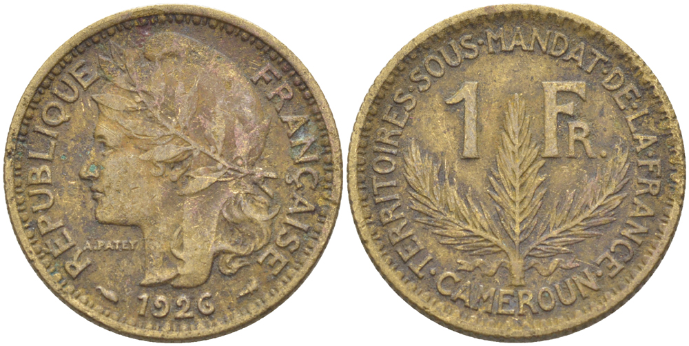 Французский Камерун 1 франк 1926 (а), монетный двор Париж KM 2 алюминиевая бронза 73-323