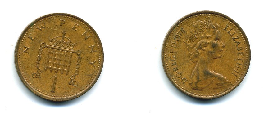 Великобритания 1 пенни 1976 Елизавета II (1952-2022) KM 915, Spink 4237 (B1) бронза 54-1414