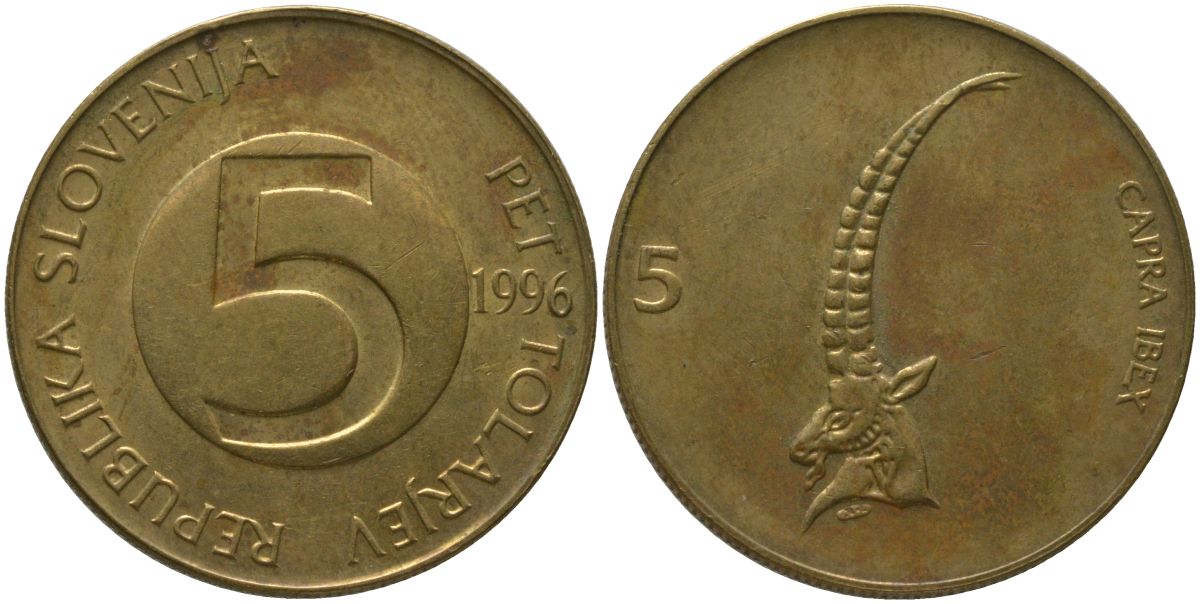 Словения 5 толаров 1996 KM 6 латунь 4548-933