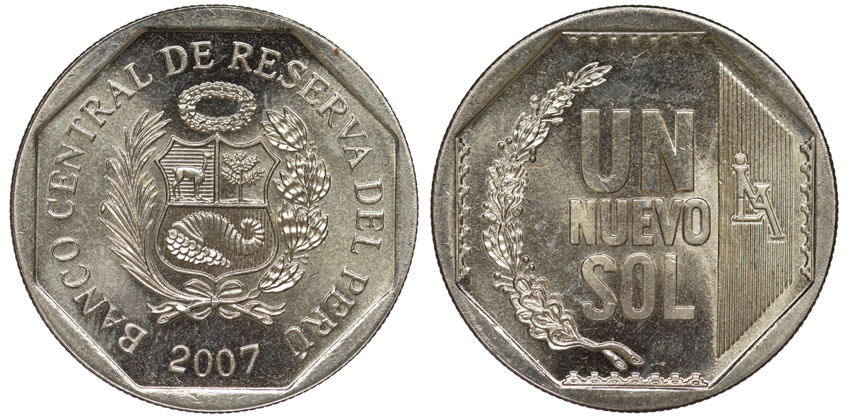 Перу 1 новый соль 2007 KM 308.4 медно-никель UNC 4605-243
