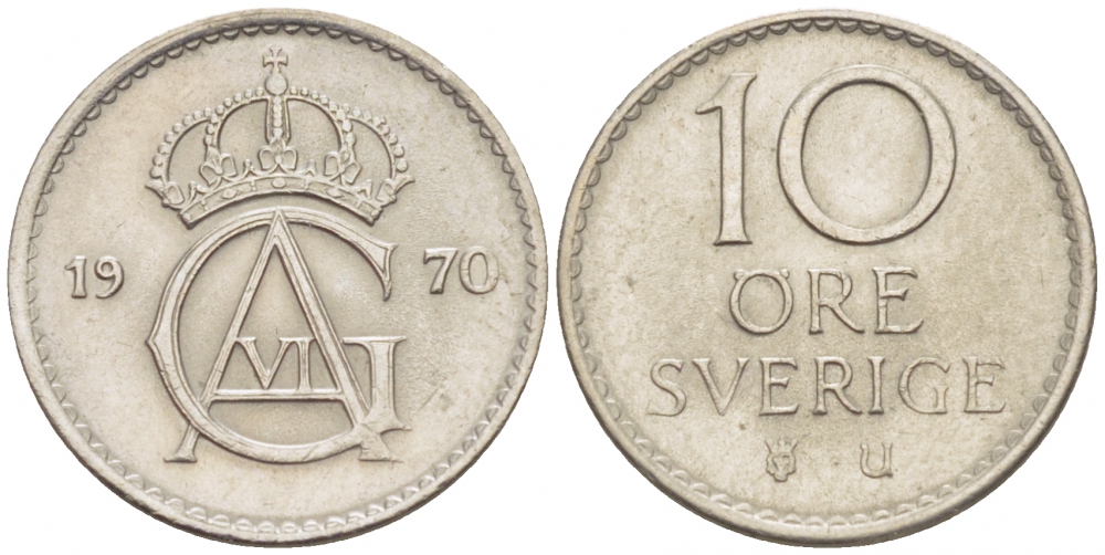 Швеция 10 эре 1970 U Густав VI Адольф (1950-1973) KM 835 медно-никель 3996-1028