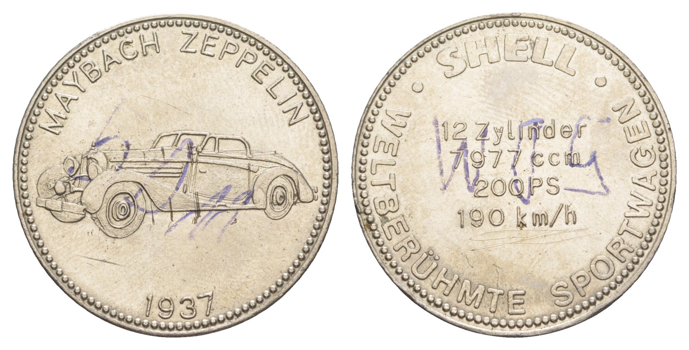 Германия жетон Shell - Знаменитые спортивные автомобили - Maybach Zeppelin 1937 ND диаметр 29,6 мм, вес 9,8 гр сталь плакированная никелем 4175-1016