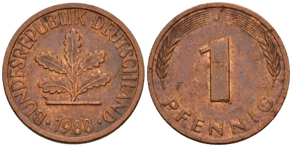 ФРГ 1 пфенниг 1988 J KM 105, J.380 сталь плакированная медью 4602-767