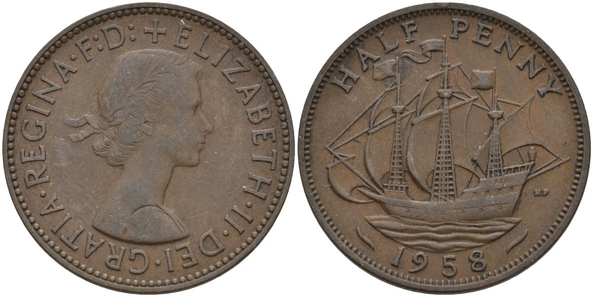 Великобритания 1/2 пенни 1958 Елизавета II (1952-2022) KM 896, Spink 4158 бронза 4146-255