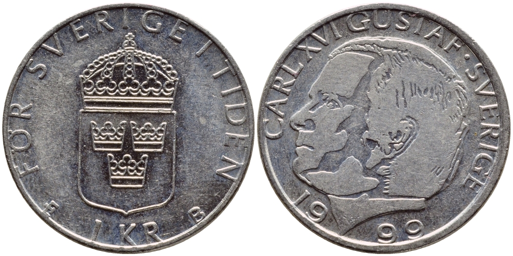 Швеция 1 крона 1999 Карл XVI Густав (1973- ) KM 852a медно-никель 89-1153