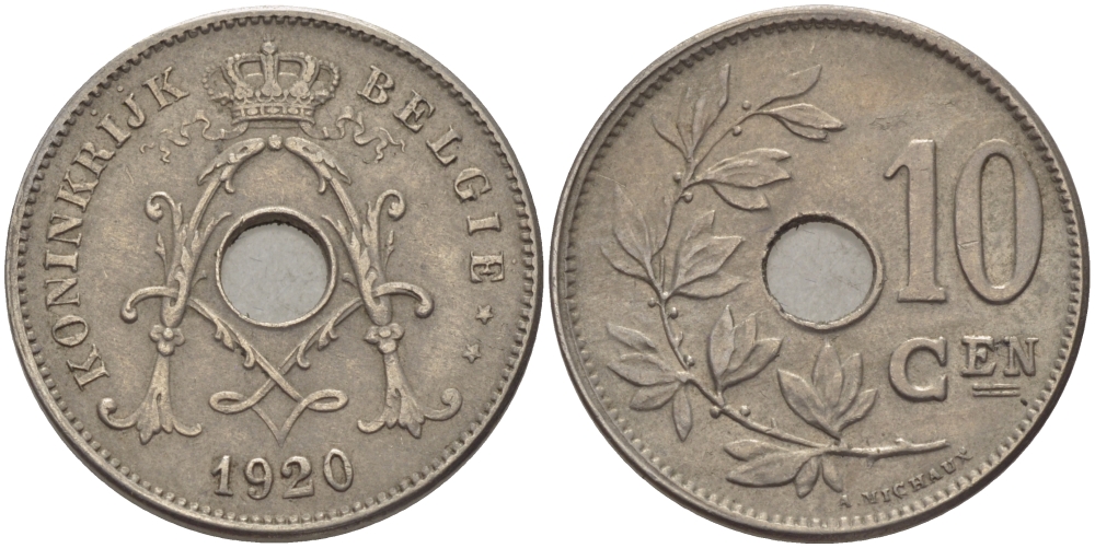 БЕЛЬГИЯ 10 САНТИМОВ 1920 BELGIE KM 86 медно-никель 28-237