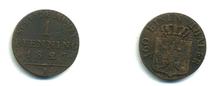 ПРУССИЯ 1 ПФЕННИГ 1827 А KM 405 медь 53-536