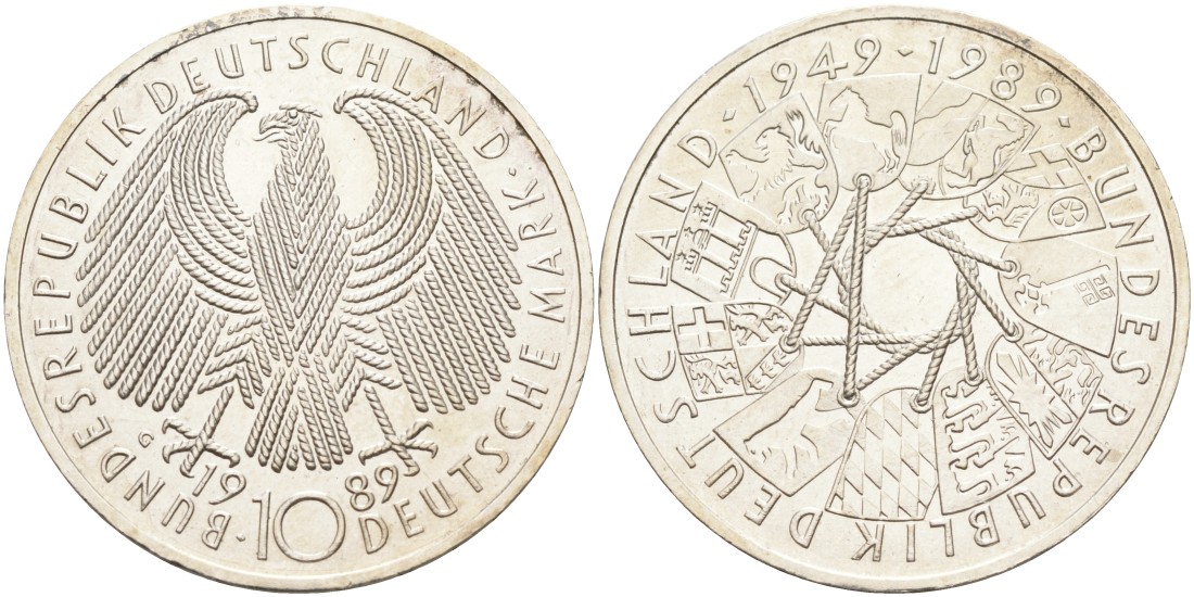 ФРГ 10 марок 1989 G, 40 лет Республике KM 173 серебро 4558-234