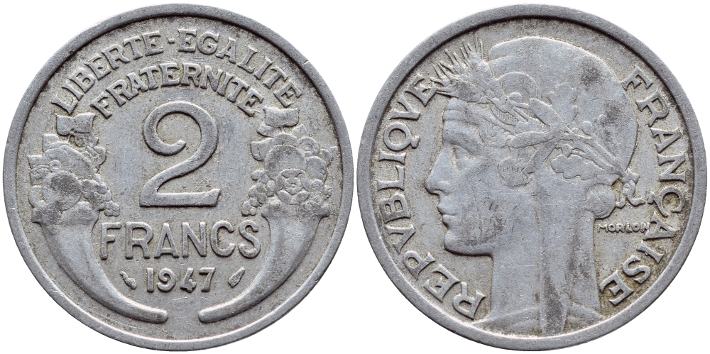 Франция 2 франка 1947 KM 886а.1 алюминий 4397-743