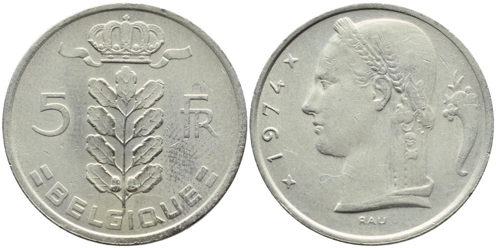 БЕЛЬГИЯ 5 ФРАНКОВ 1974 BELGIQUE KM 134.1 медно-никель 4385-946