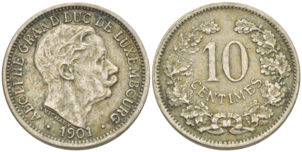 ЛЮКСЕМБУРГ 10 САНТИМОВ 1901 АДОЛЬФ (1890-1905) KM 25 медно-никель 3955-565