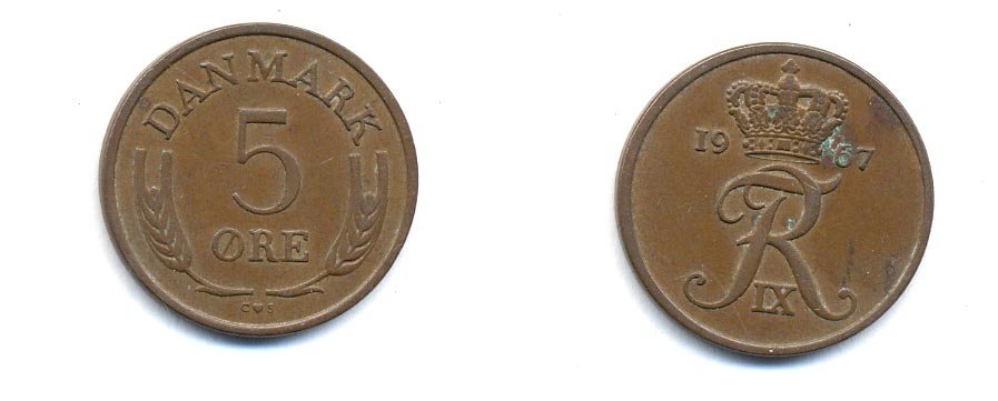 ДАНИЯ 5 ЭРЕ 1967 C; S, ФРЕДЕРИК IX (1947-1972) KM 848.1 бронза 4379-1022