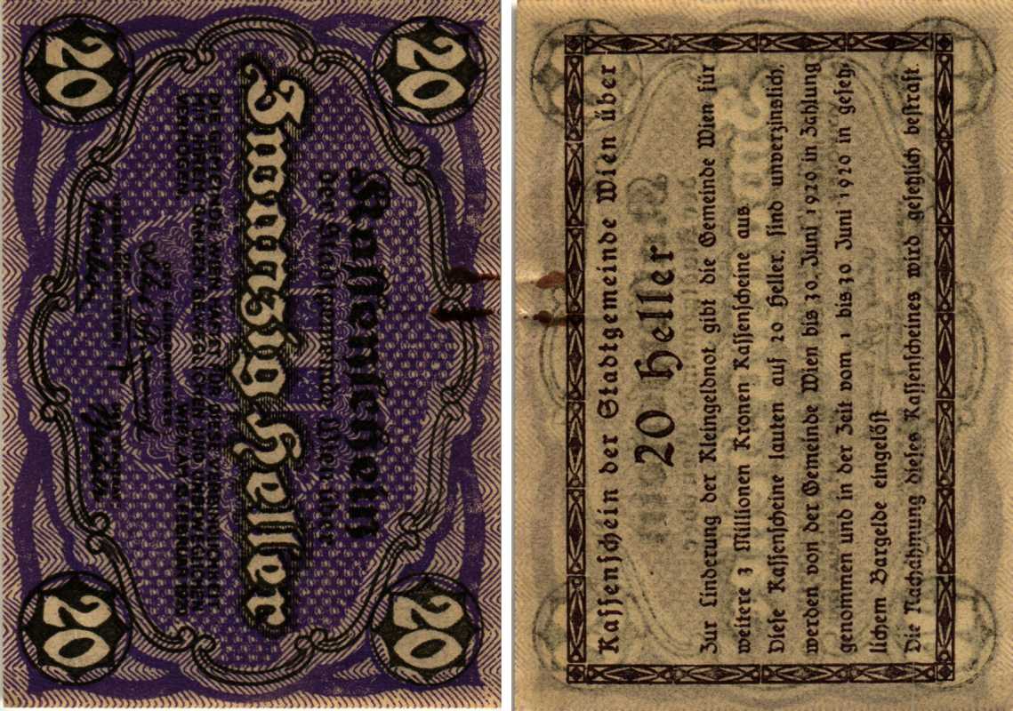 Австрия, Вена 20 геллеров 1920 30 июня 1920, нотгельд Mehl FS 1183IIc  бумага 6318-29-2-1