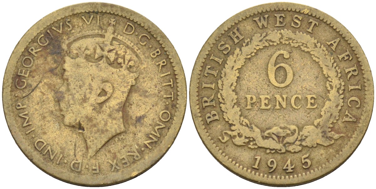 Британская Западная Африка 6 пенсов 1945 Георг VI (1936-1952) KM 22 никель-латунь 4588-712
