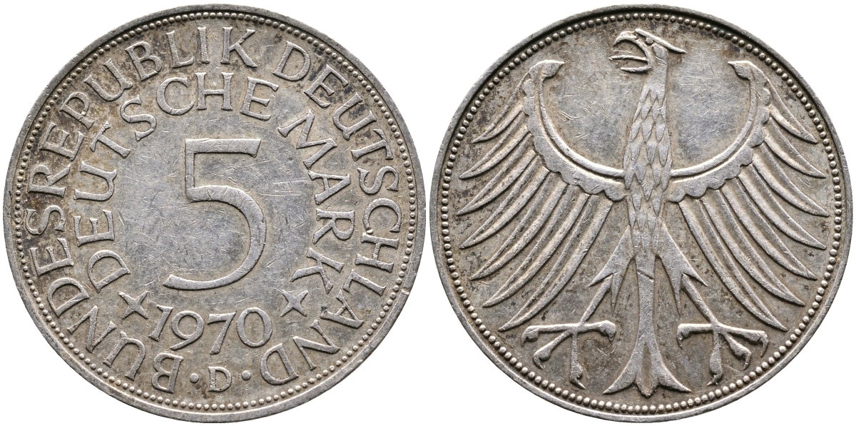 ФРГ 5 марок 1970 D, KM 112.1, J. 387 серебро 4389-333