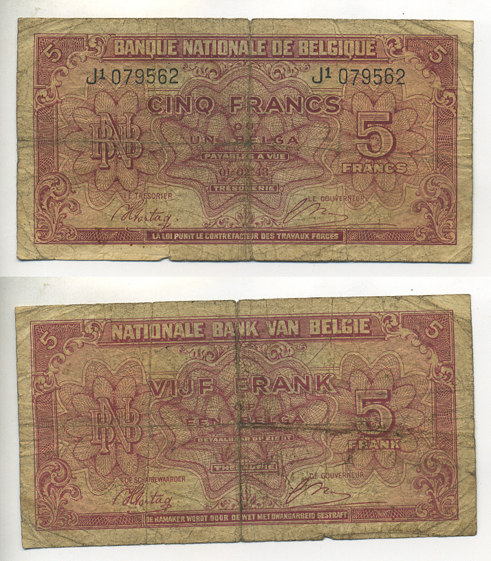 БЕЛЬГИЯ 5 ФРАНКОВ 1944 1 ФЕВРАЛЯ 1943, КОРОЛЬ В ИЗГНАНИИ Pick 121 бумага 6299-22-3