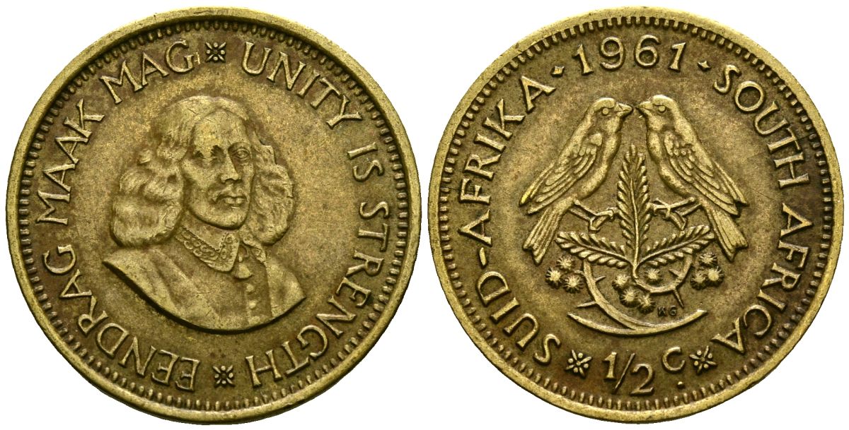 ЮАР 1/2 цента 1961 Ян ван Рибек (1619-1677), голландский исследователь, мореплаватель, основатель г. Кейптаун, две птички на ветке с ягодами KM 56 латунь 4135-1122