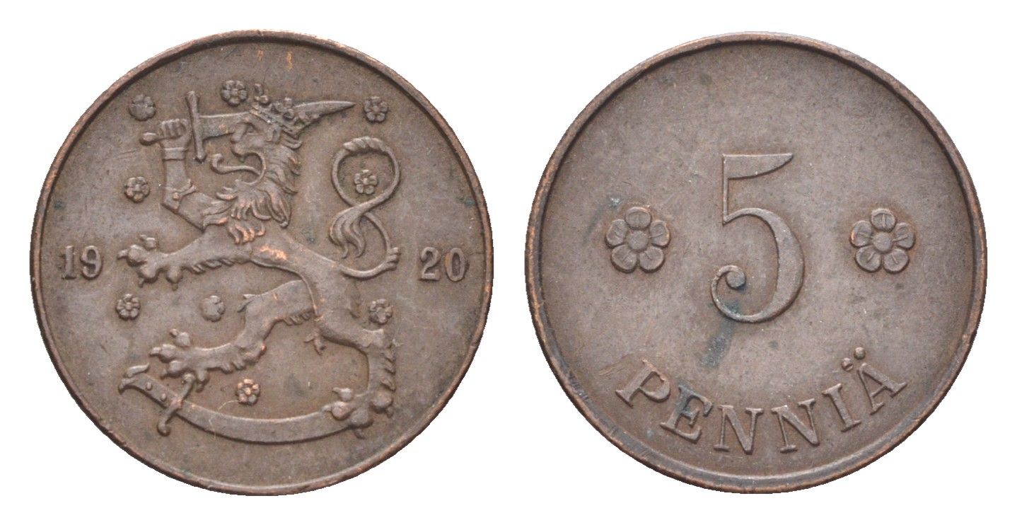 Финляндия 5 пенни 1920 KM 22 медь 4705-666