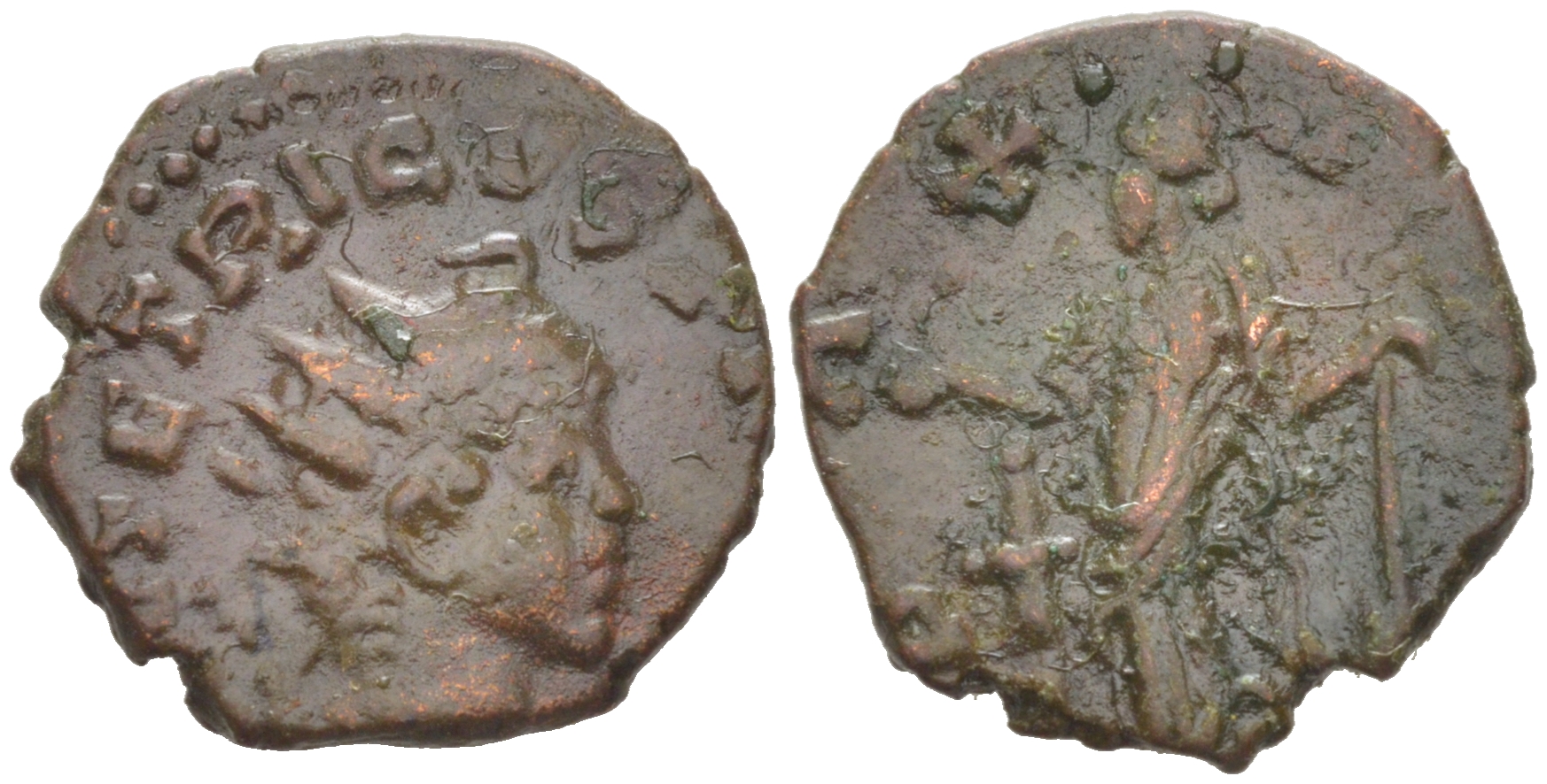 Римская Империя, императоры в Галлии антониниан 273 - 274 Тетрик II, C PIV ESV TETRICVS CAES, бюст цезаря / PAX AVG, Пация, персонификация мира, локальная чеканка в Галлии RIC 247 биллон 1073-24-57