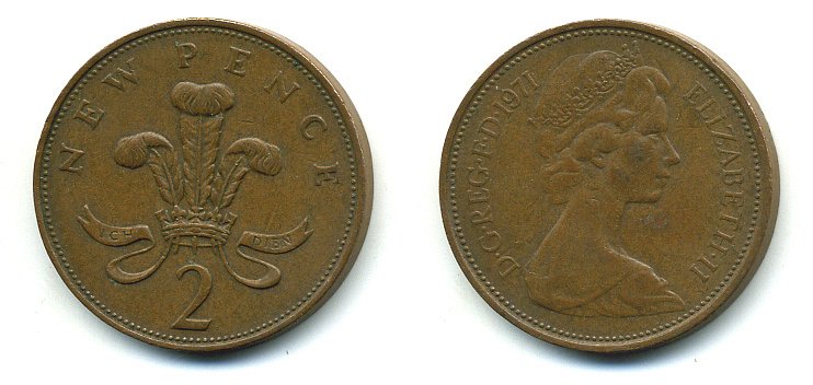 Великобритания 2 пенса 1971 Елизавета II (1952-2022) КМ 916, Spink 4235 (C1) бронза 4110-713