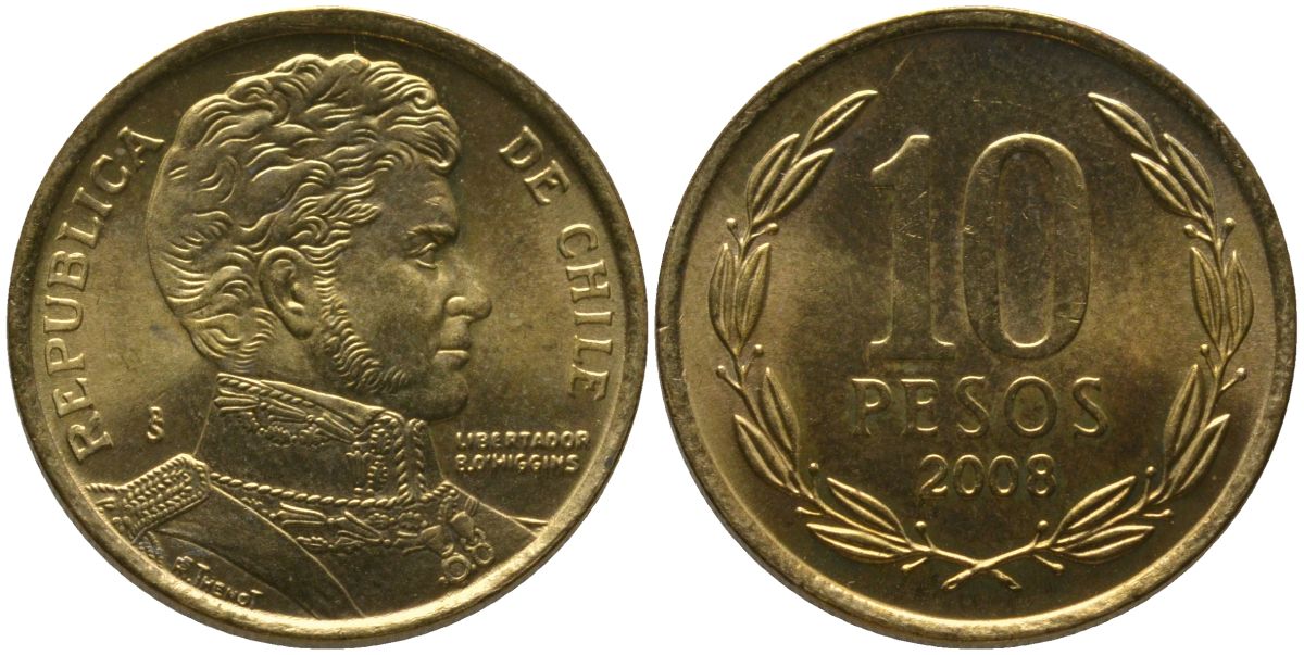 Чили 10 песо 2008 So KM 228.2, Schon 82 алюминиевая бронза UNC 4544-816