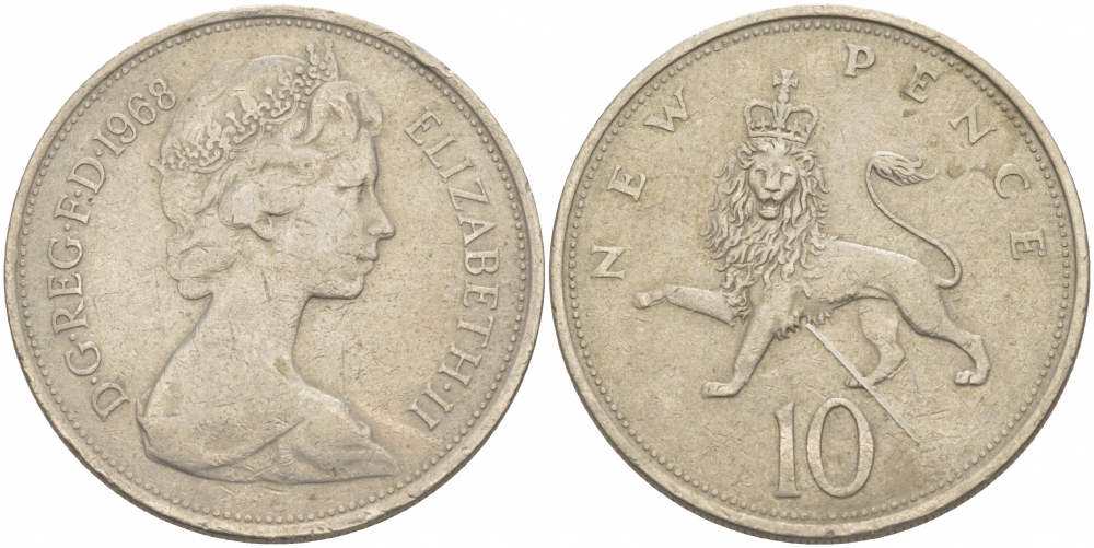 Великобритания 10 пенсов 1968 Елизавета II (1952-2022) KM 912, Spink 4231 (F1) медно-никель 4403-716