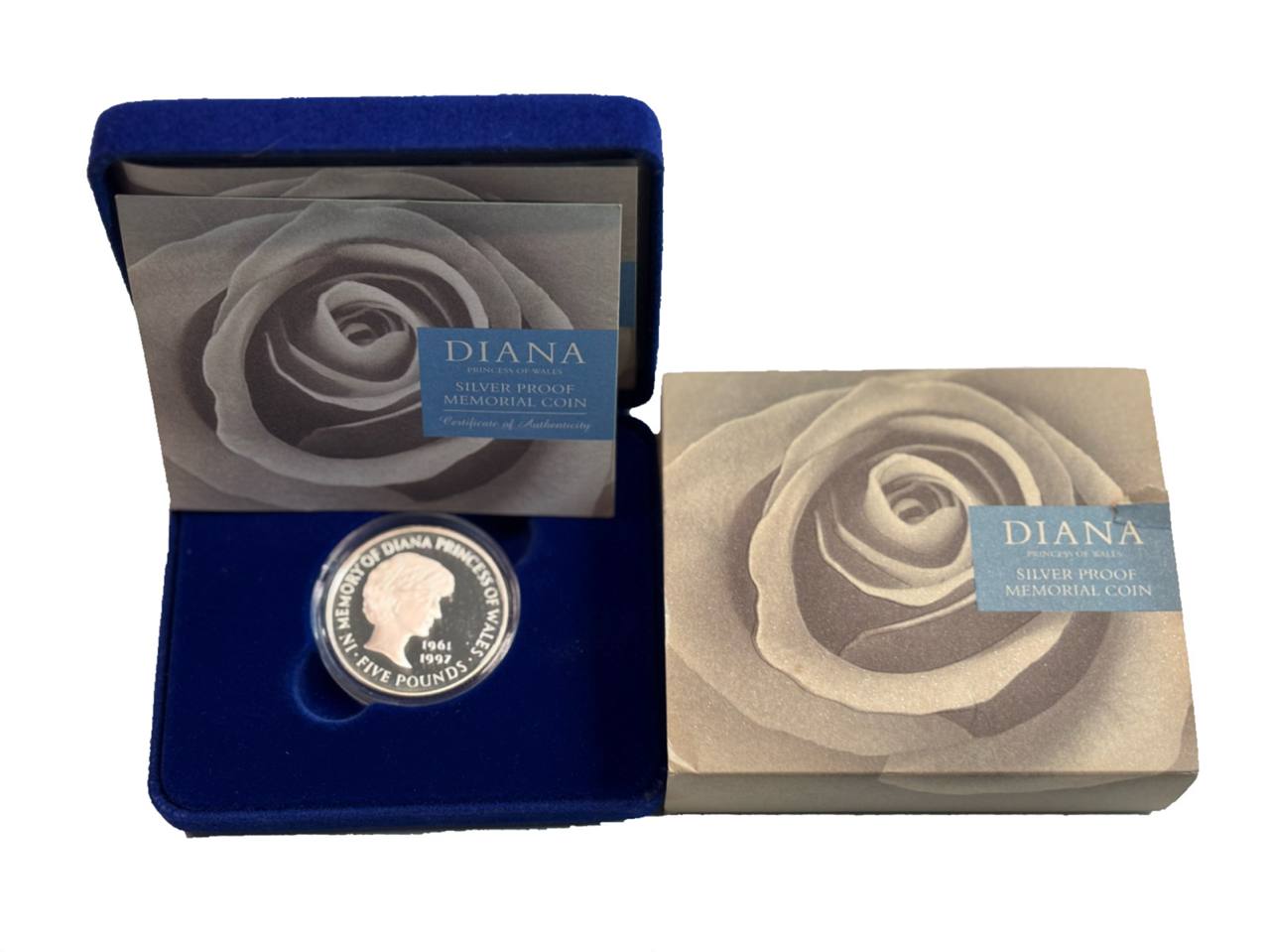 Великобритания 5 фунтов 1999 Принцесса Диана, в оригинальной упаковке, с сертификатом подлинности KM 997a, Spink L6 серебро PROOF 4-3-1-24