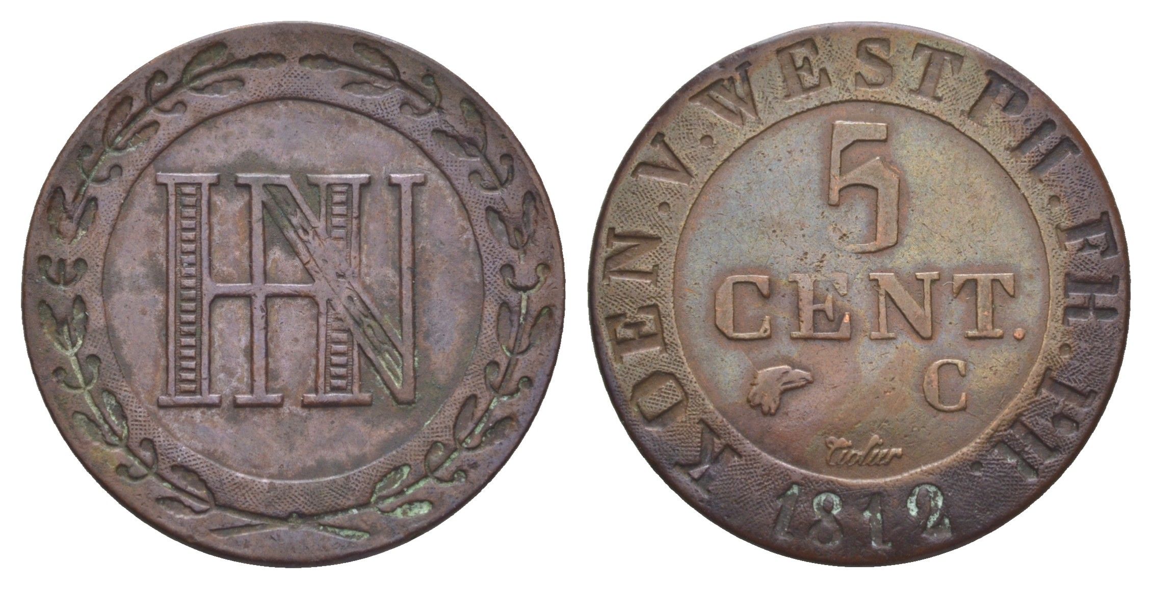 Вестфалия 5 сантимов 1812 C, Жером Бонапарт (1807-1813) Smith 298, KM 94, ASK 40 медь 633-1225