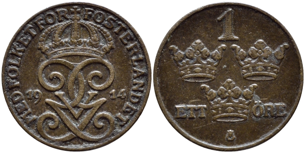 Швеция 1 эре 1914 закрытая 4, Густав V (1907-1950) KM 777.2 бронза 4396-159