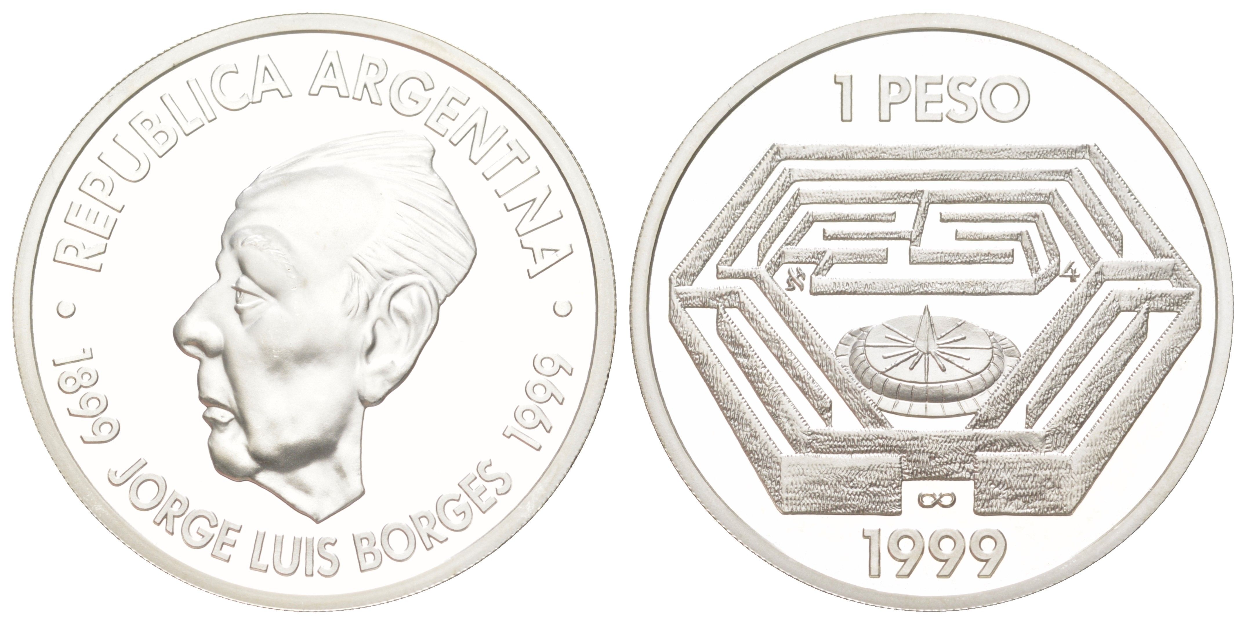 Аргентина 1 песо 1999 100 лет со дня рождения Хорхе Луиса Борхеса KM 127 серебро PROOF 00-903-07
